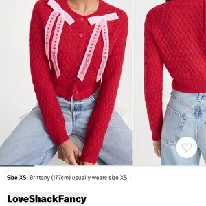 LoveShackFancy Red Cropped Cable-Knit Cardigan with Pink Ribbon Bows